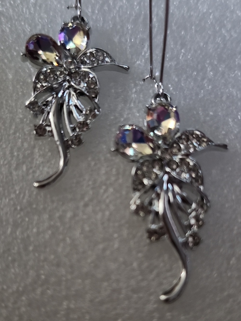 Hand Crafted Iridescent Crystal Leaf Earrings in Silver Tone